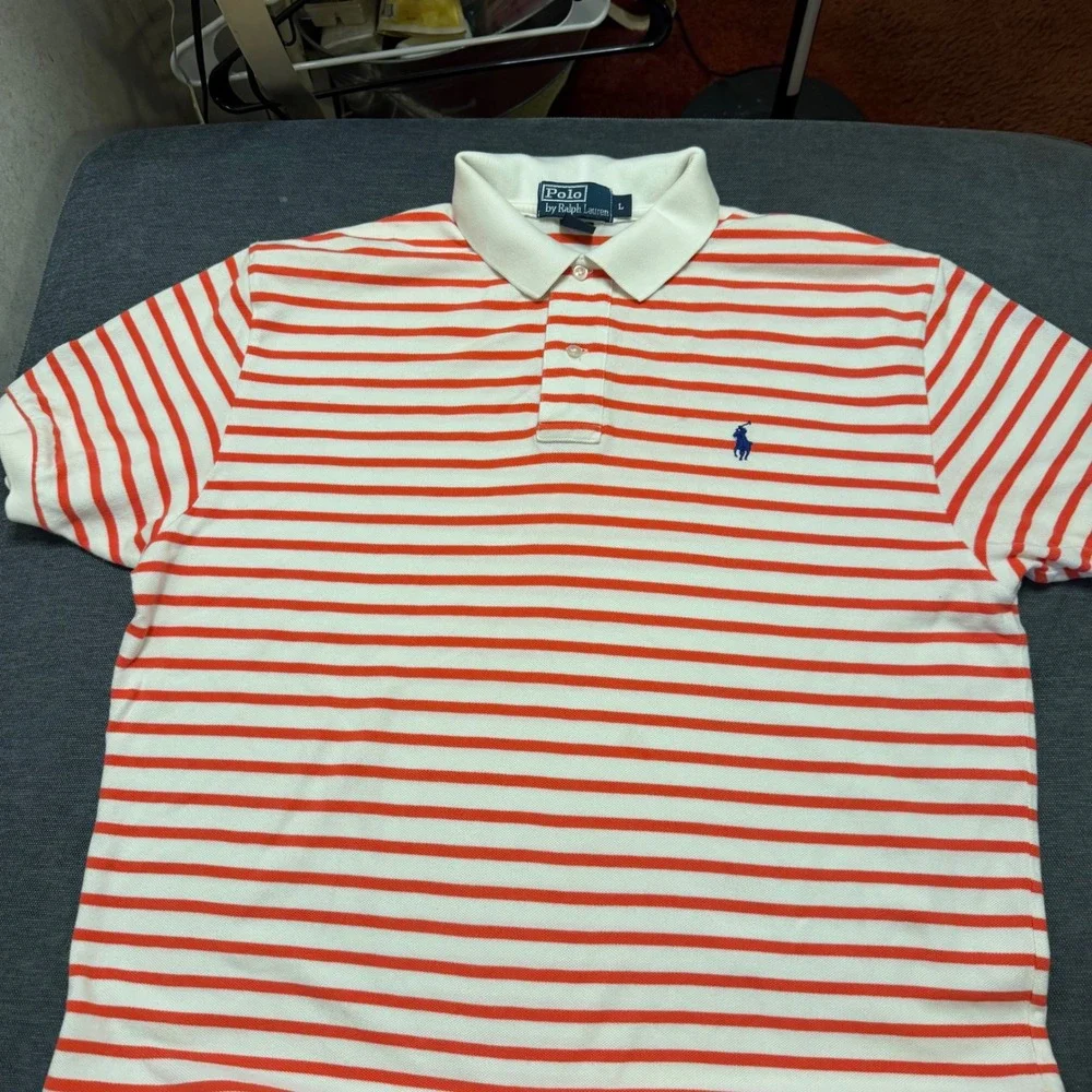 Polo Ralph Lauren Mens Large Orange White Striped Short Sleeve Pique Polo Shirt